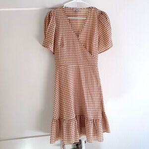 LOFT Tan/Peach Gingham Wrap Dress